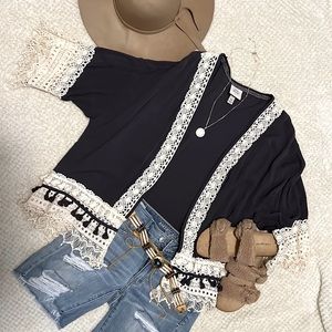 KNOX ROSE Deep Blue Boho Fringe Cardigan Kimono